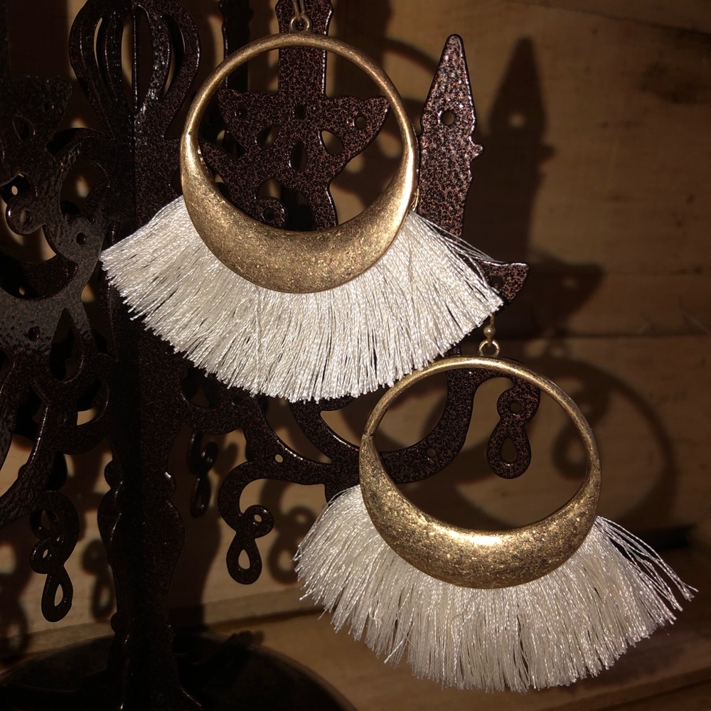 Gold White String fringe earrings